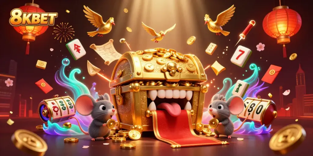 Engage with 8KBET's vibrant casino world featuring an inviting golden treasure chest surrounded by dynamic gaming elements.