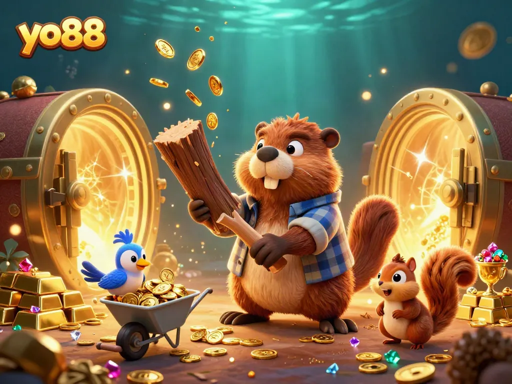 Spin the reels at yo88 and win big with vibrant cartoon characters in a gold-filled scene.