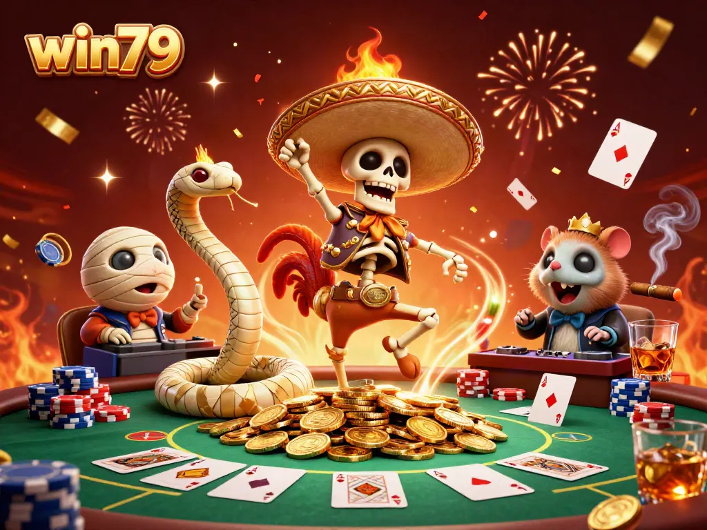 win79 celebrates big wins with a vibrant scene of a rooster, snake, and DJ amidst poker excitement.
