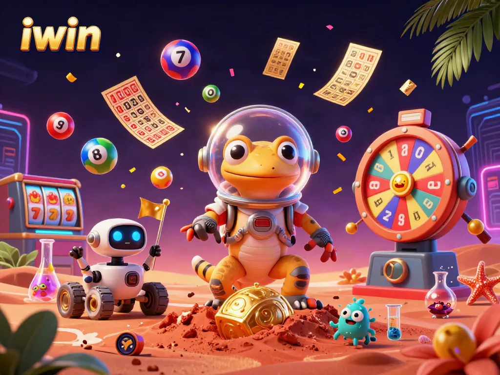 iwin Casino scene featuring a Martian gecko amidst vibrant lottery elements, capturing a thrilling gaming experience