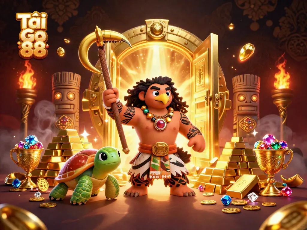 Engage with Tải Go 88 thrilling visuals showcasing a Polynesian demigod and treasures in a vibrant casino scene.