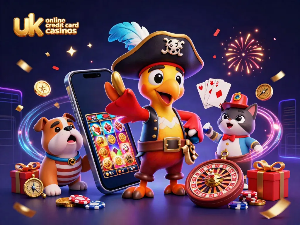 Players engaging with uk online credit card casinos are surrounded by colorful slot games, cards, and gold coins.
