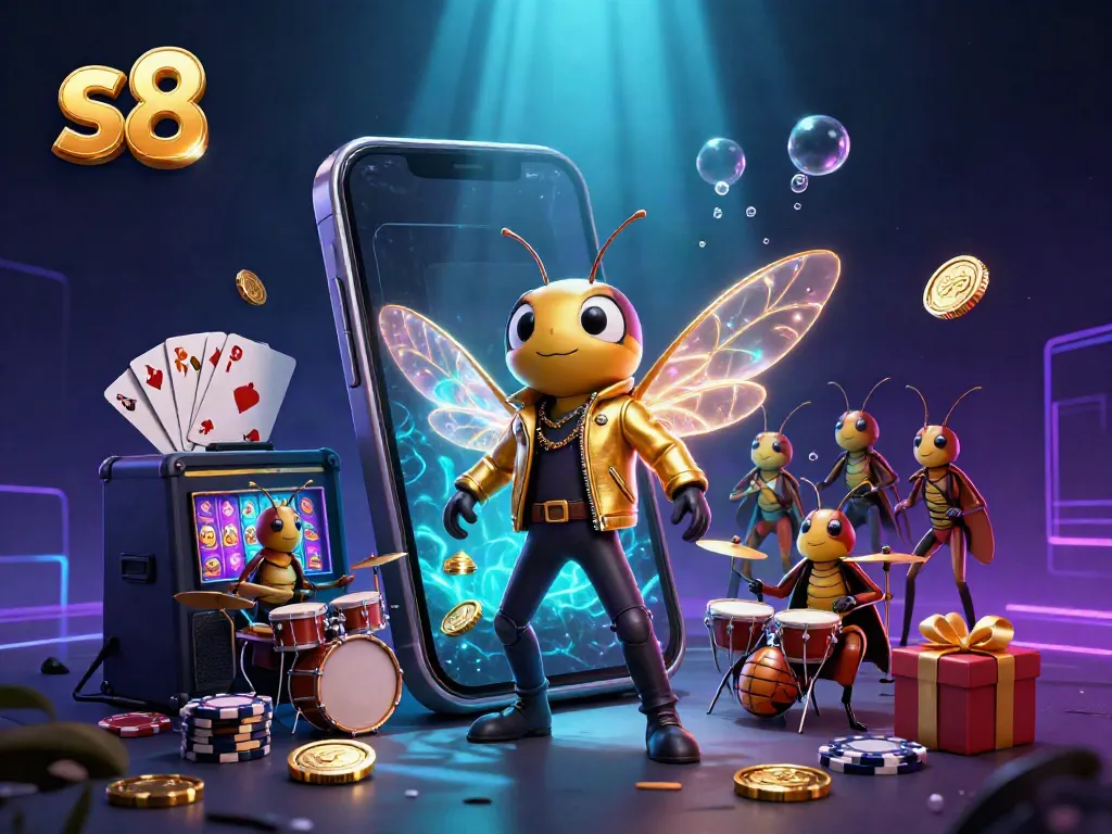 Engage with the colorful s8 slot game illustrated in a packed scene with dynamic gaming elements.
