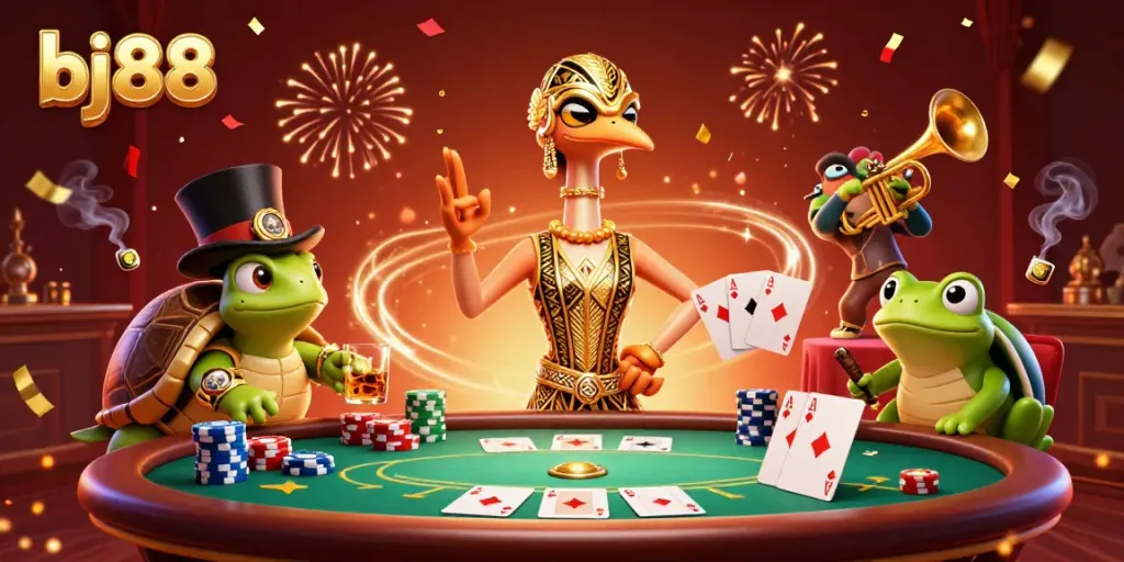 Experience thrilling gameplay at bj88, showcasing fun characters amidst vibrant casino elements.