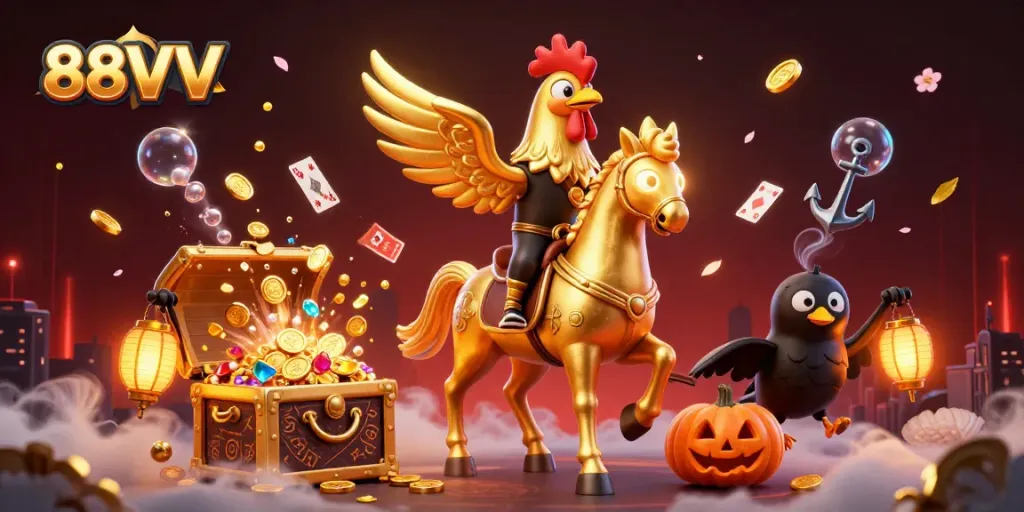 88VV invites players to immerse in a lively casino experience with a golden rooster riding a spectral horse.