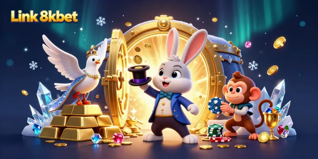 Experience the magic of Link 8kbet, featuring a whimsical scene with a rabbit magician, sequined dove, and poker monkey.