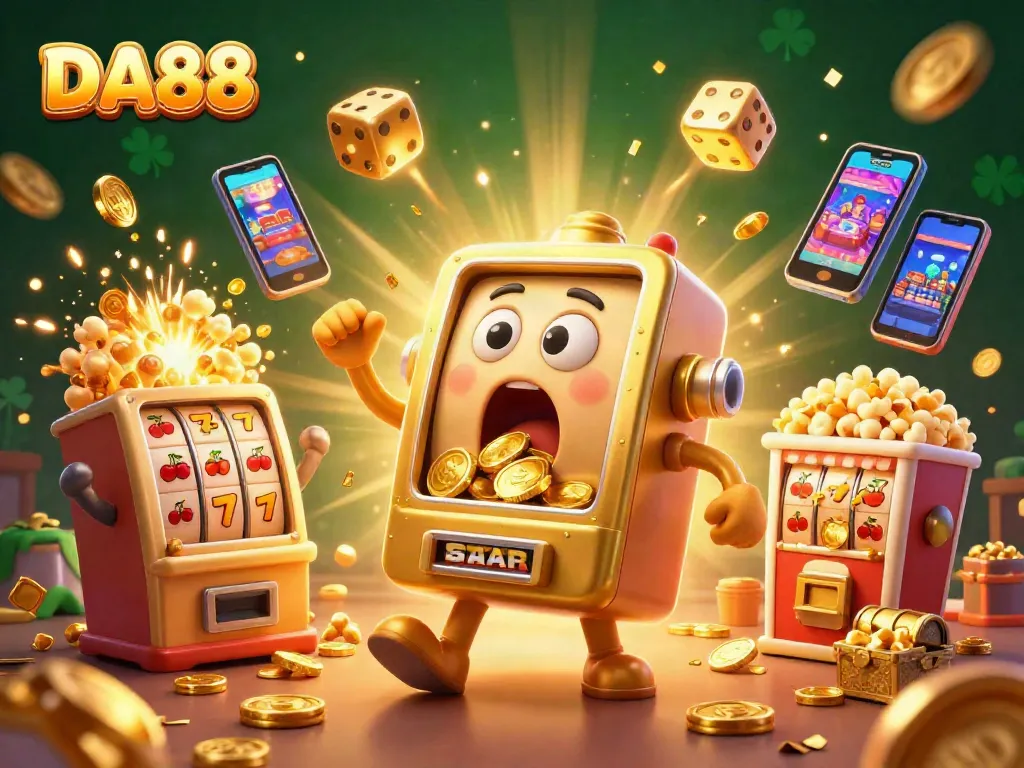 Experience DA88's thrilling gaming excitement as the golden slot machine celebrates a jackpot, enriching the casino atmosphere.