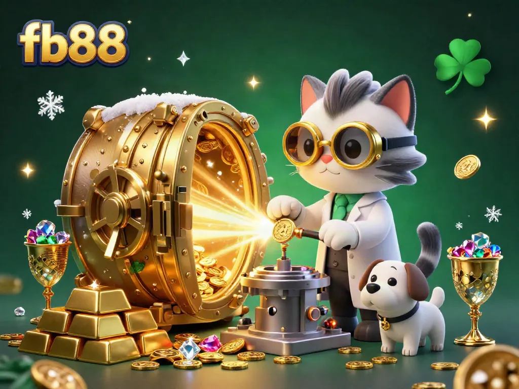 Spin the reels at fb88 while the mad scientist cat creates gold coins in this vibrant casino illustration.