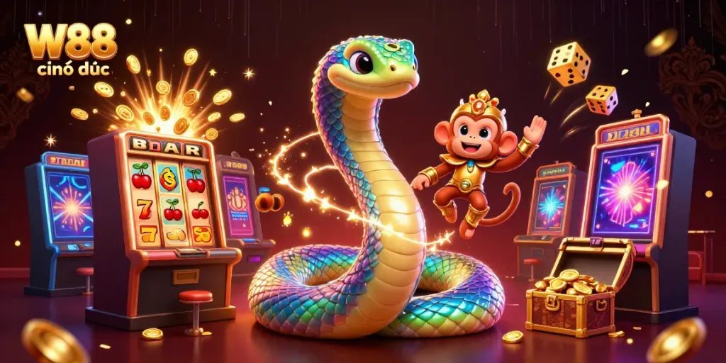 Experience thrilling gameplay at W88 chính thức with colorful slot machines and dynamic casino animations.