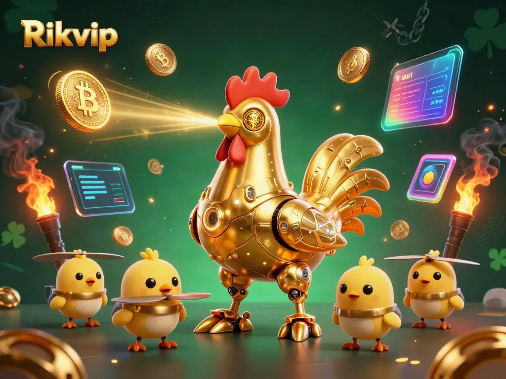 Experience thrilling action at Rikvip with a dynamic 3D illustration of a golden rooster robot and baby chick drones.