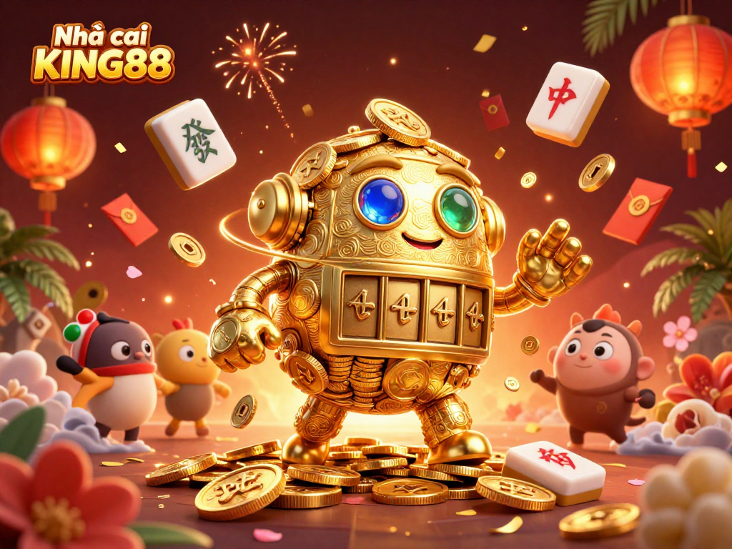 Experience thrilling gameplay at Nhà cái KING88 with a dynamic scene featuring golden golem and rich casino elements.