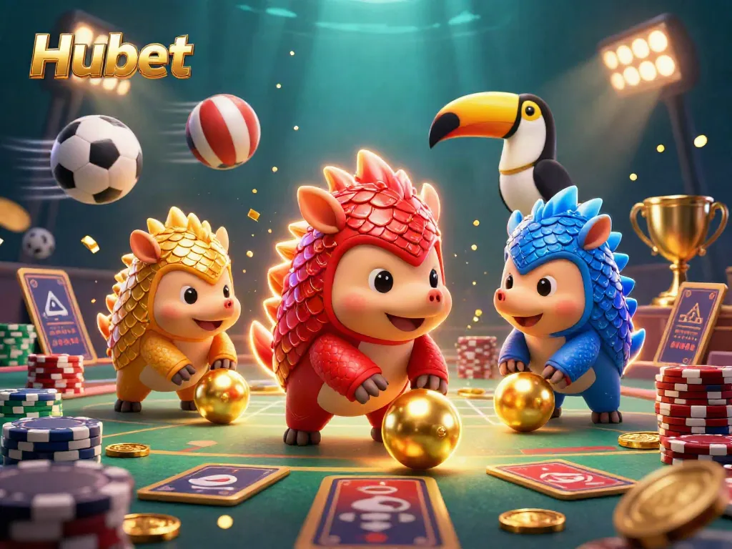 Engage in thrilling action at Hubet with cartoon pangolins bowling through poker chips amidst sports excitement.