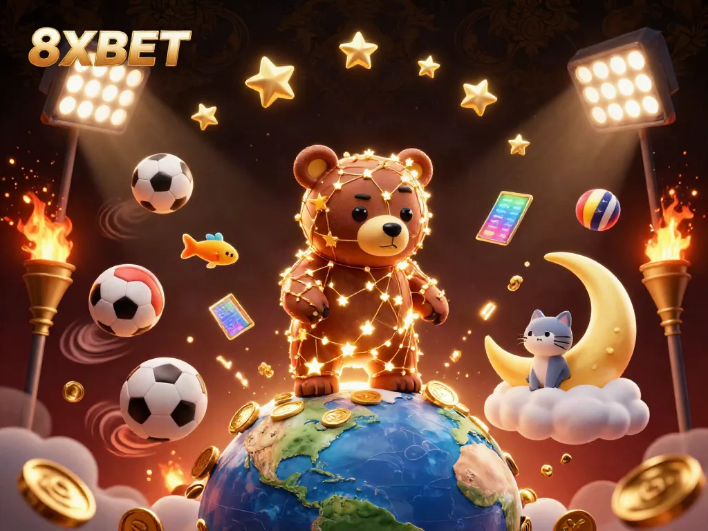 Engage in thrilling gaming with 8XBET, surrounded by abundant gold coins and dynamic sports elements.