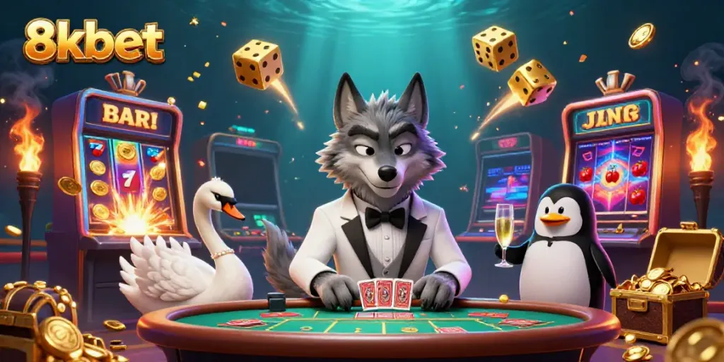 Experience the excitement of 8xbet with engaging characters at a lively casino scene.