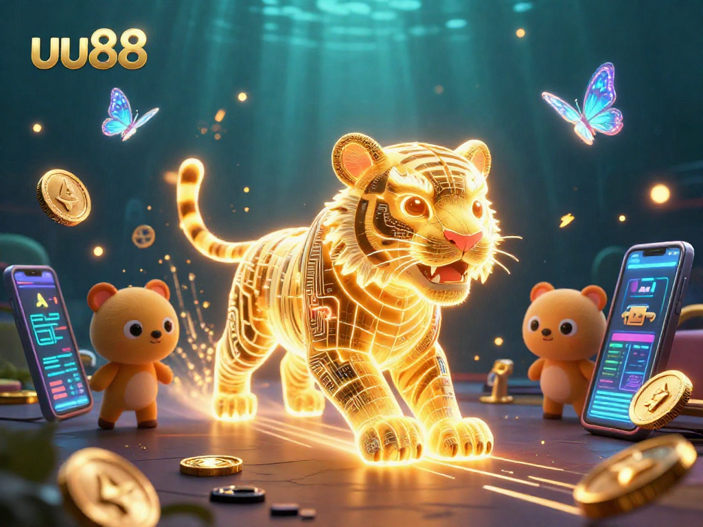Experience the thrill of gaming at uu88 with a neon-wireframe tiger in a vibrant casino.