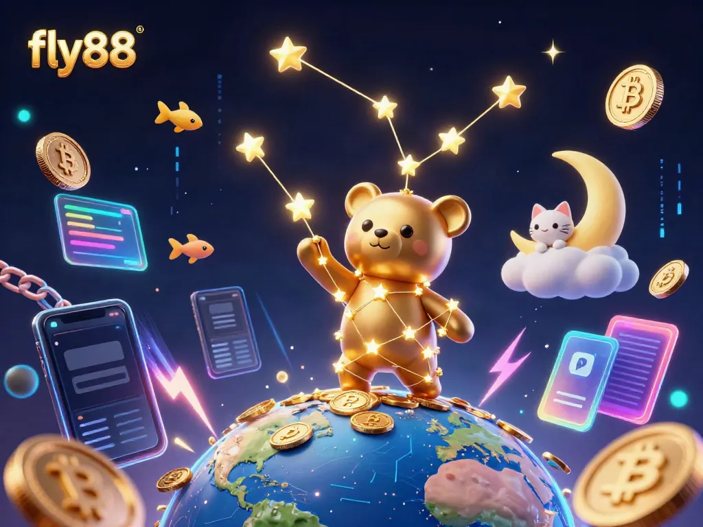 Engage in the thrill of fly88 as a constellation bear scoops coins amidst glowing crypto elements in a casino-themed scene.