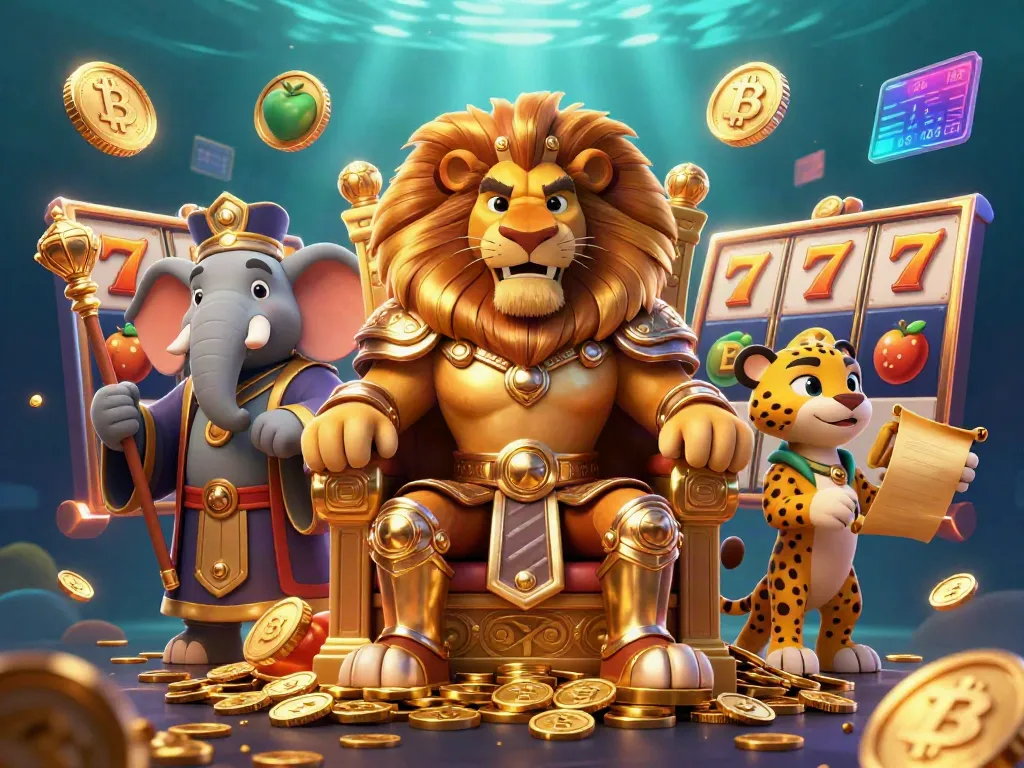 A fierce lion king representing lô đề trực tuyến, surrounded by vibrant slot elements and cryptocurrencies.