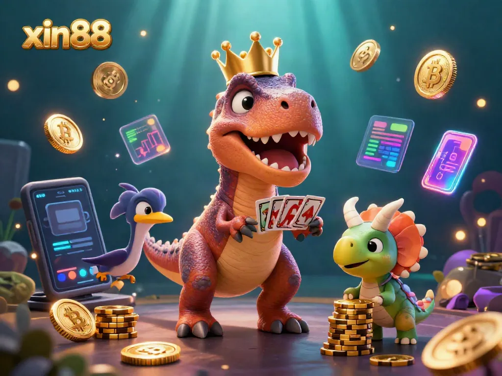 Engaging T-Rex and friends play gambling cards in a vibrant underwater scene incorporating xin88.