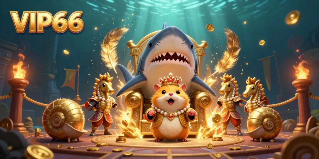 Experience the thrilling world of VIP66, where a golden hamster king reigns over dynamic casino gaming elements.