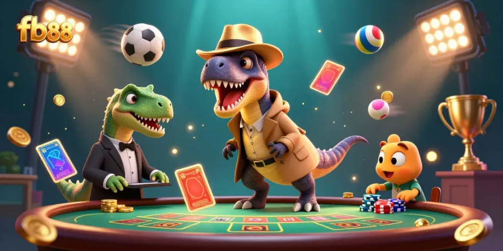 Experience the thrill at fb88 with a velociraptor card counter at a blackjack table, surrounded by dynamic game elements.