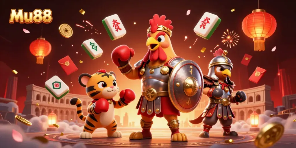 Win big at Mu88 with exciting 3D casino game action featuring a rooster gladiator, tiger cub, and eagle.