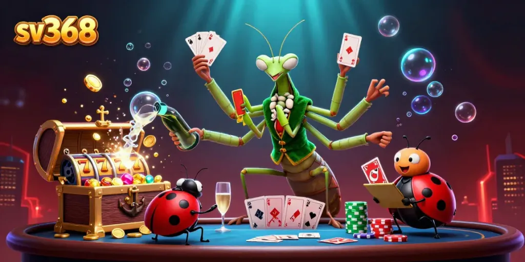 Experience sv368's vibrant games with a giant praying mantis dealer and a ladybug pit boss in a lively casino scene.