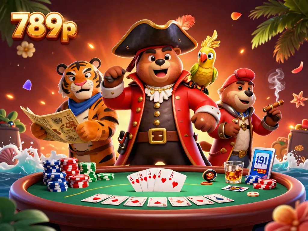 Engage in thrilling poker action at 789p with charming pirate characters and vibrant casino elements.