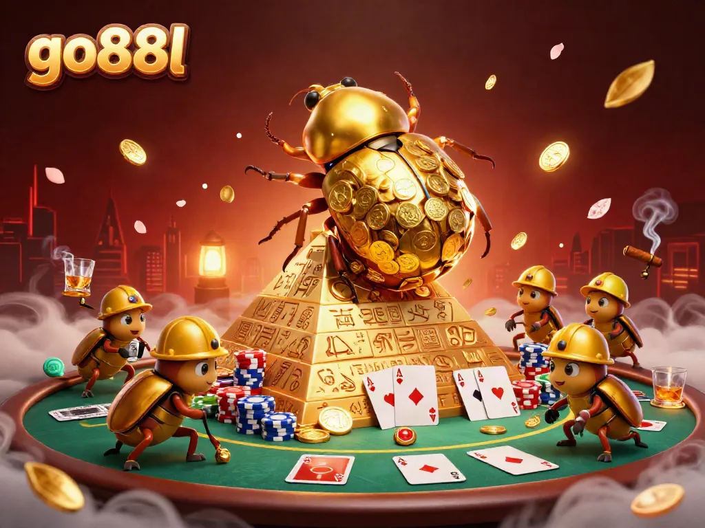 Engage in thrilling casino action with go88l's vibrant 3D illustration featuring golden beetles and poker elements.