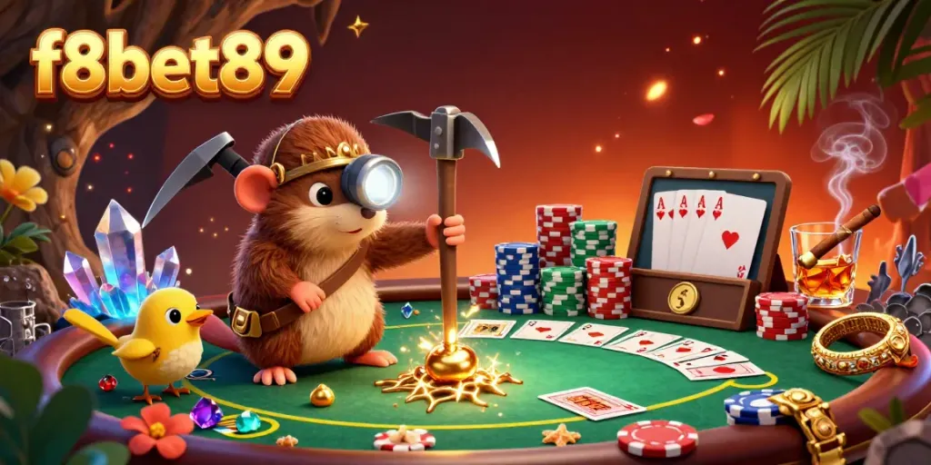 Join the adventure with f8bet89 as a treasure hunter mole explores a vibrant casino scene.