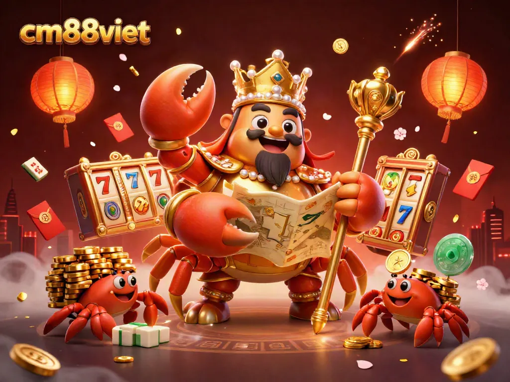 Experience excitement at cm88viet with a vibrant 3D illustration of a golden crab emperor in a busy casino scene.