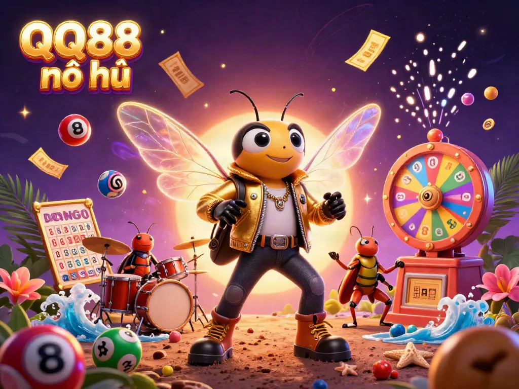 Engage with QQ88 nổ hũ through this vibrant 3D illustration, showcasing a thrilling jackpot experience with dynamic game elements.