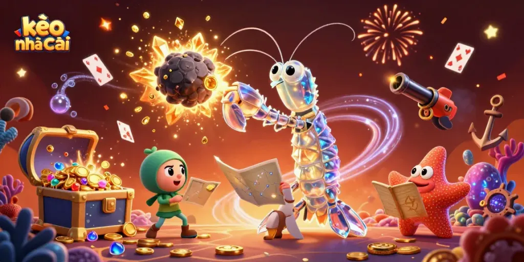 Engage with kèo nhà cái in this vibrant 3D scene depicting galactic characters amidst an explosion of gems and casino elements.