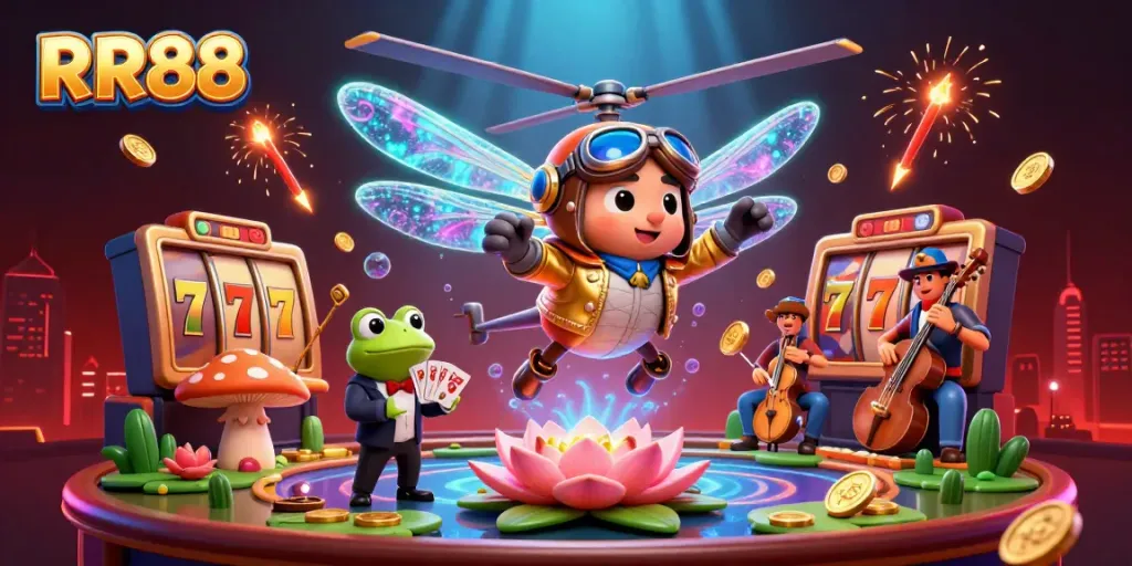 Engage in the thrilling world of RR88 with a vibrant 3D casino scene featuring a dragonfly pilot and frog croupier.