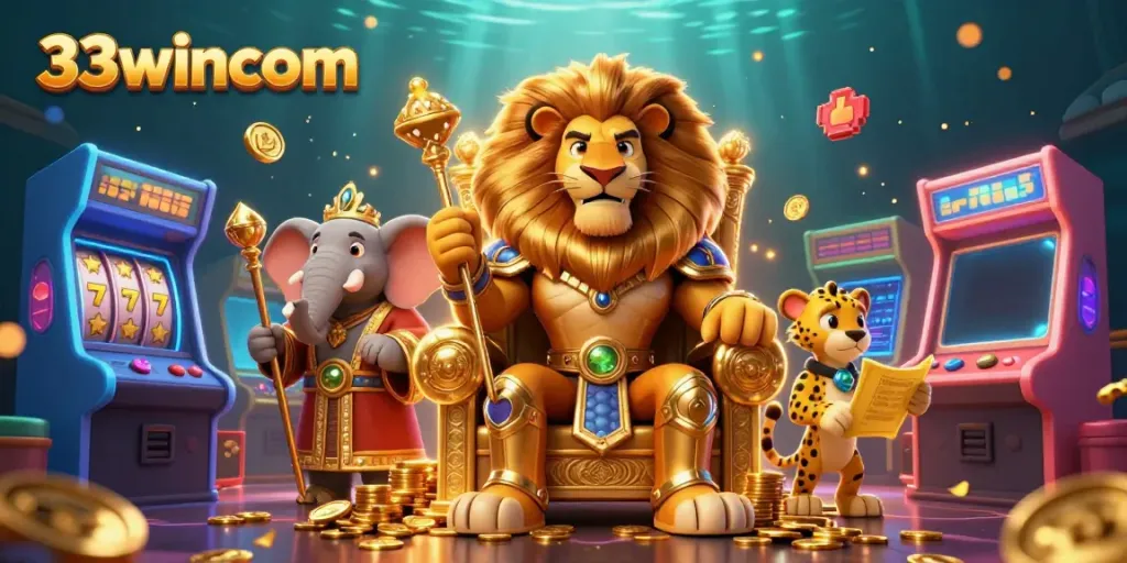 Engage with thrilling slots at 33wincom, illustrated with powerful characters and vibrant gaming elements.