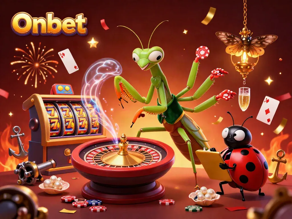 Experience the thrill of Onbet with a playful scene featuring a giant mantis card sharp amidst vibrant casino elements.