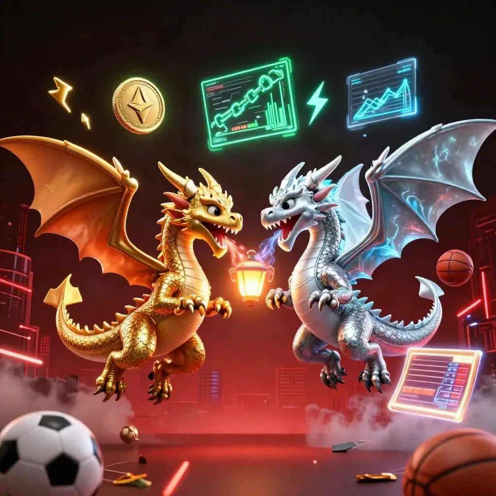 Gold and silver dragons spiral with fire and ice amid neon coins, charts and a red skyline.