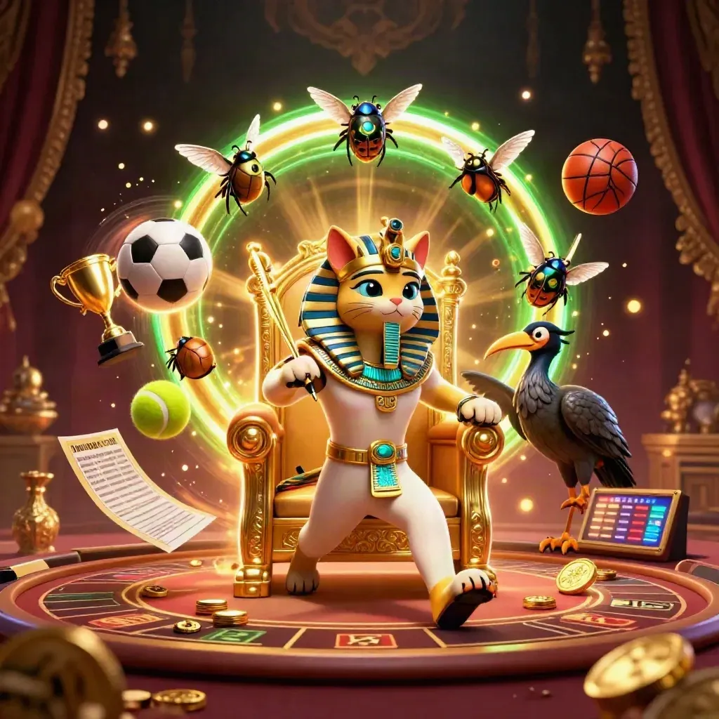 Pharaoh cat on golden throne amid flying balls, scarab wings, and casino sparks.