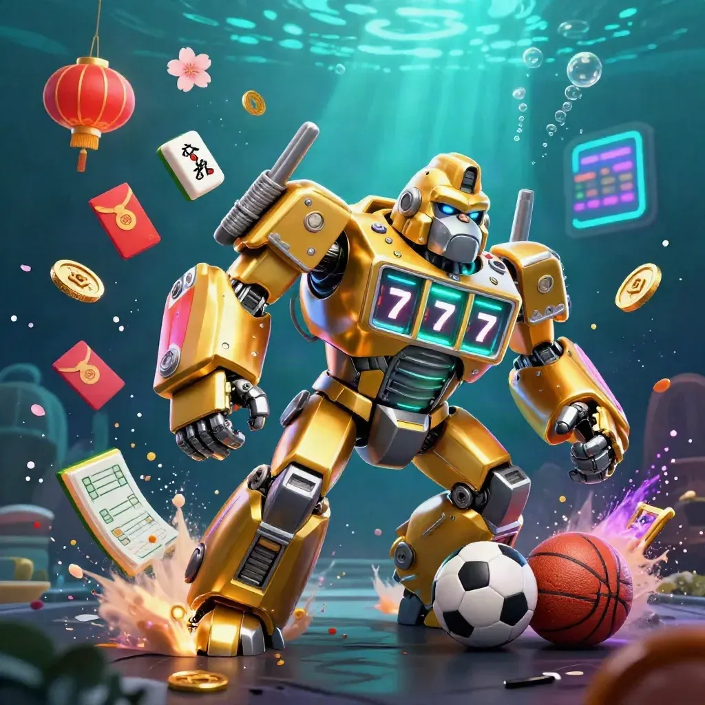 Golden gorilla mech with monkey pilot amid casino props, glowing underwater neon, soccer and basketball