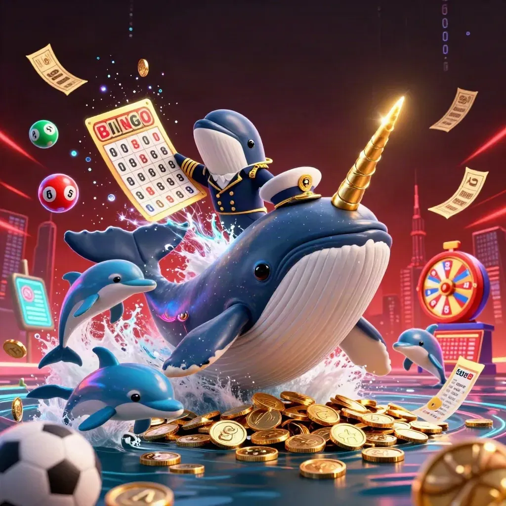 Whale captain, narwhal and dolphins explode through coins, neon casino props and dark red skyline.