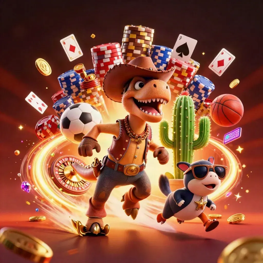 Cowboy T-Rex, cactus, and roadrunner explode amid coins, gems, roulette, chips, and neon casino glow.