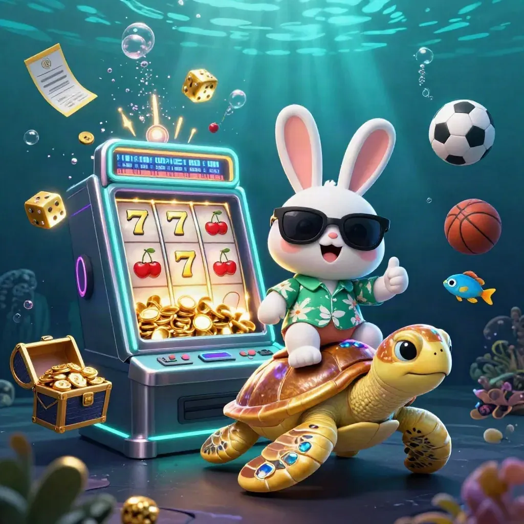 Rabbit in sunglasses rides a gem-turtle amid slot symbols, dice, sports balls and blue-purple underwater glow.