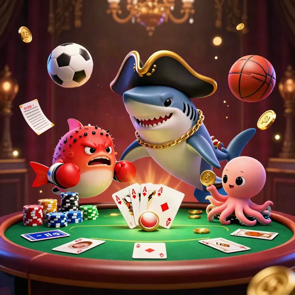 Cartoon shark pirate, boxing pufferfish and octopus amid chips, balls and casino glow.