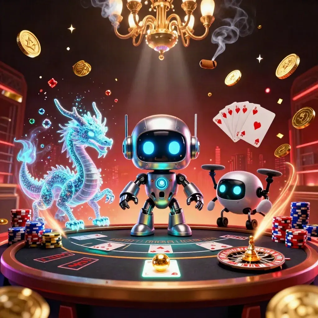 Cyberpunk robot, hologram dragon and coin drone over casino table, coins, gems and neon effects.