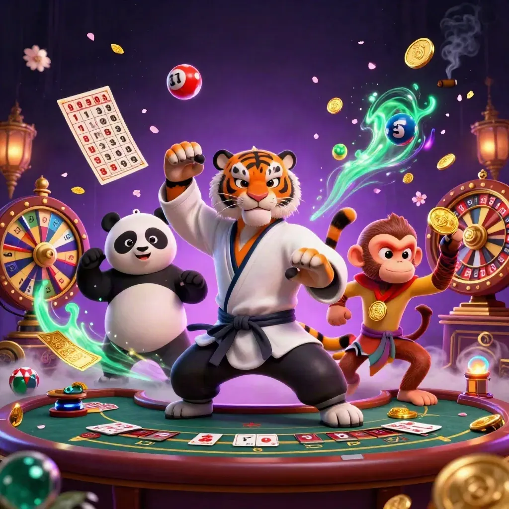 Martial-arts tiger, panda, and monkey amid casino magic, roulette, cards, and glowing gold accents.