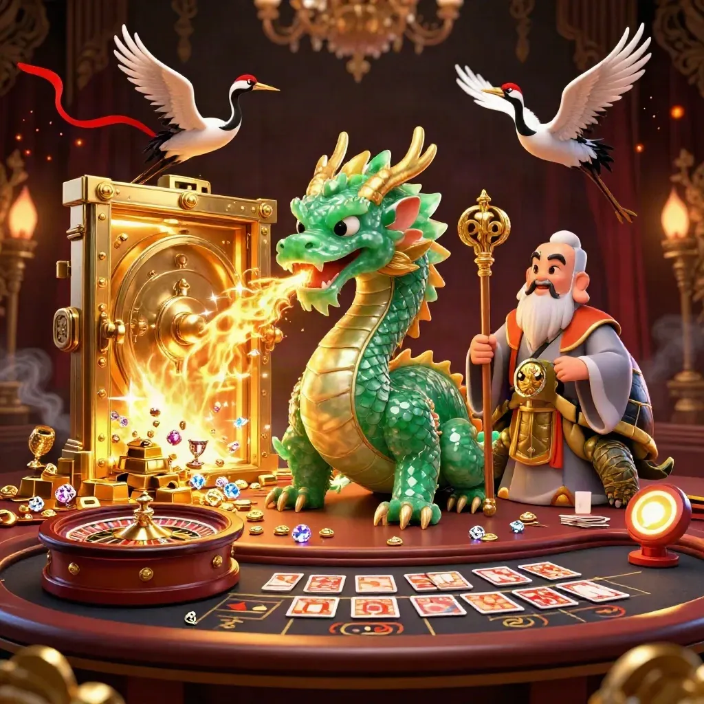 Emerald dragon, turtle sage, and cranes amid gold, jewels, vault light, and casino glamour.
