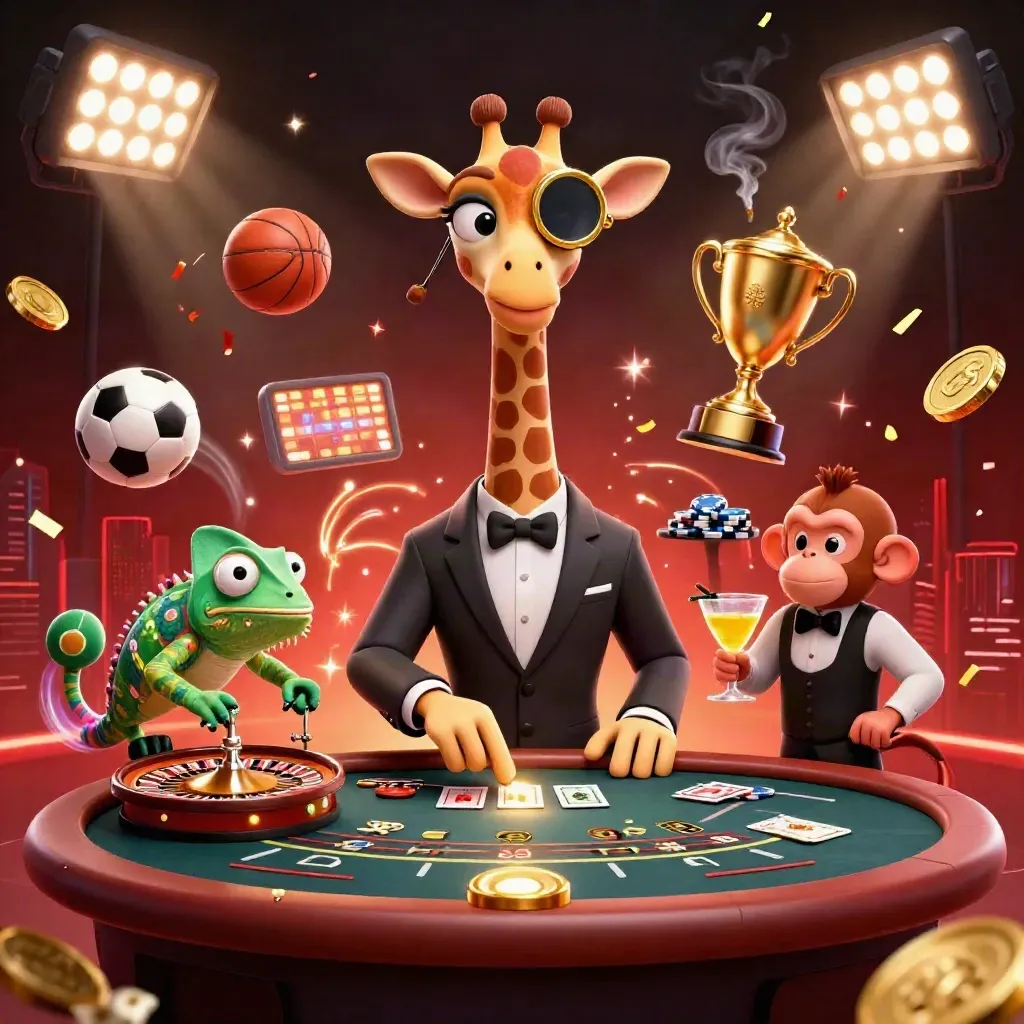 Neon casino scene with giraffe, monkey, and chameleon amid sports balls, trophy, and glowing lights.