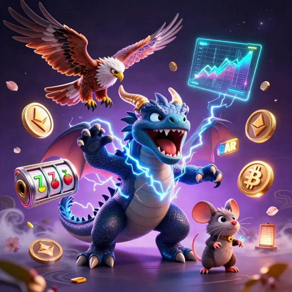 Thunder dragon, wind hawk, and static mouse in neon casino fantasy with coins, lightning, and runes.
