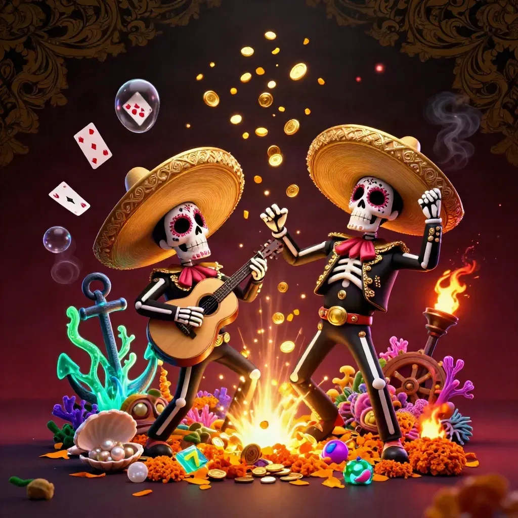Skeleton mariachi trio in a treasure cove with emerald casino glow and gold coins