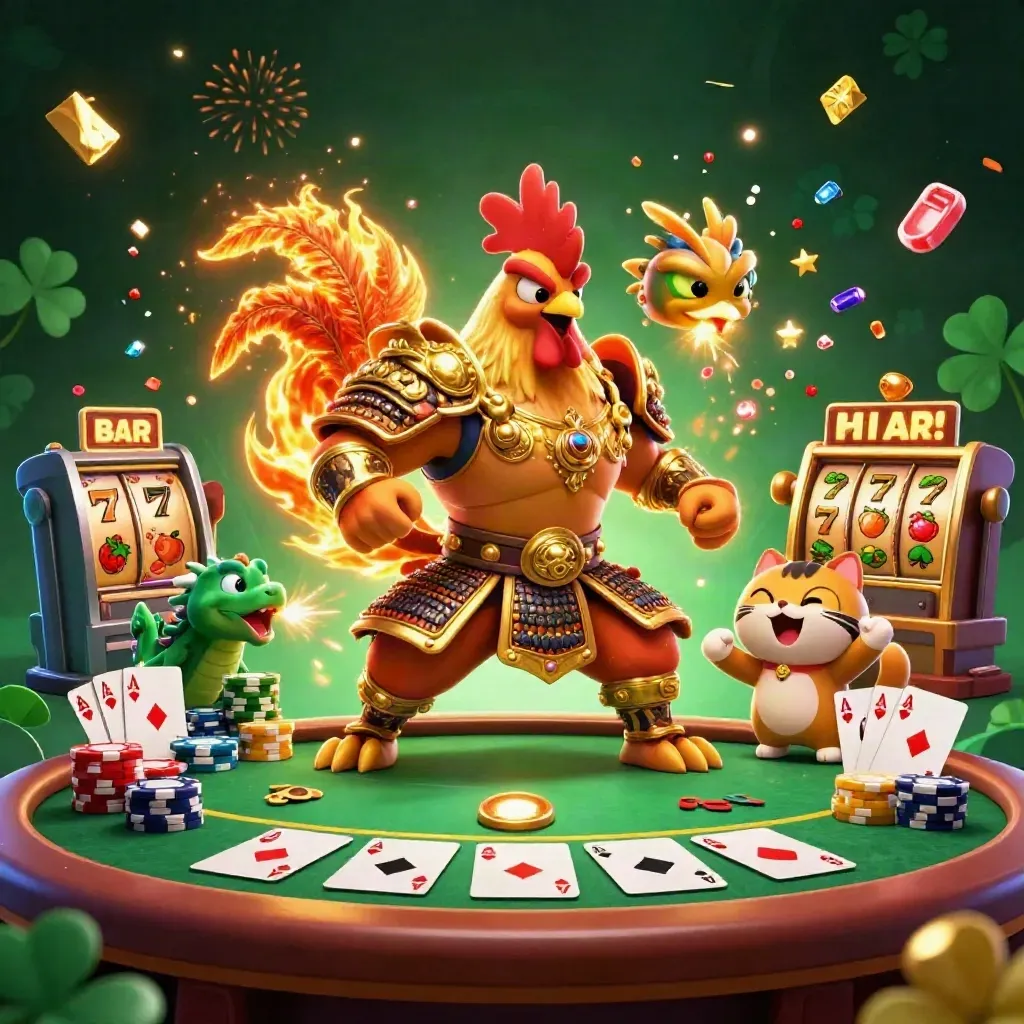 Rooster warrior, dragon hatchling and fortune cat amid casino cards, chips and emerald magic