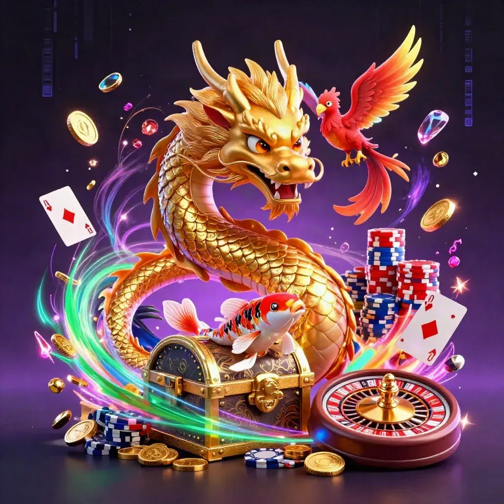 Golden dragon with phoenix and koi amid coins, gems, cards, and neon energy.